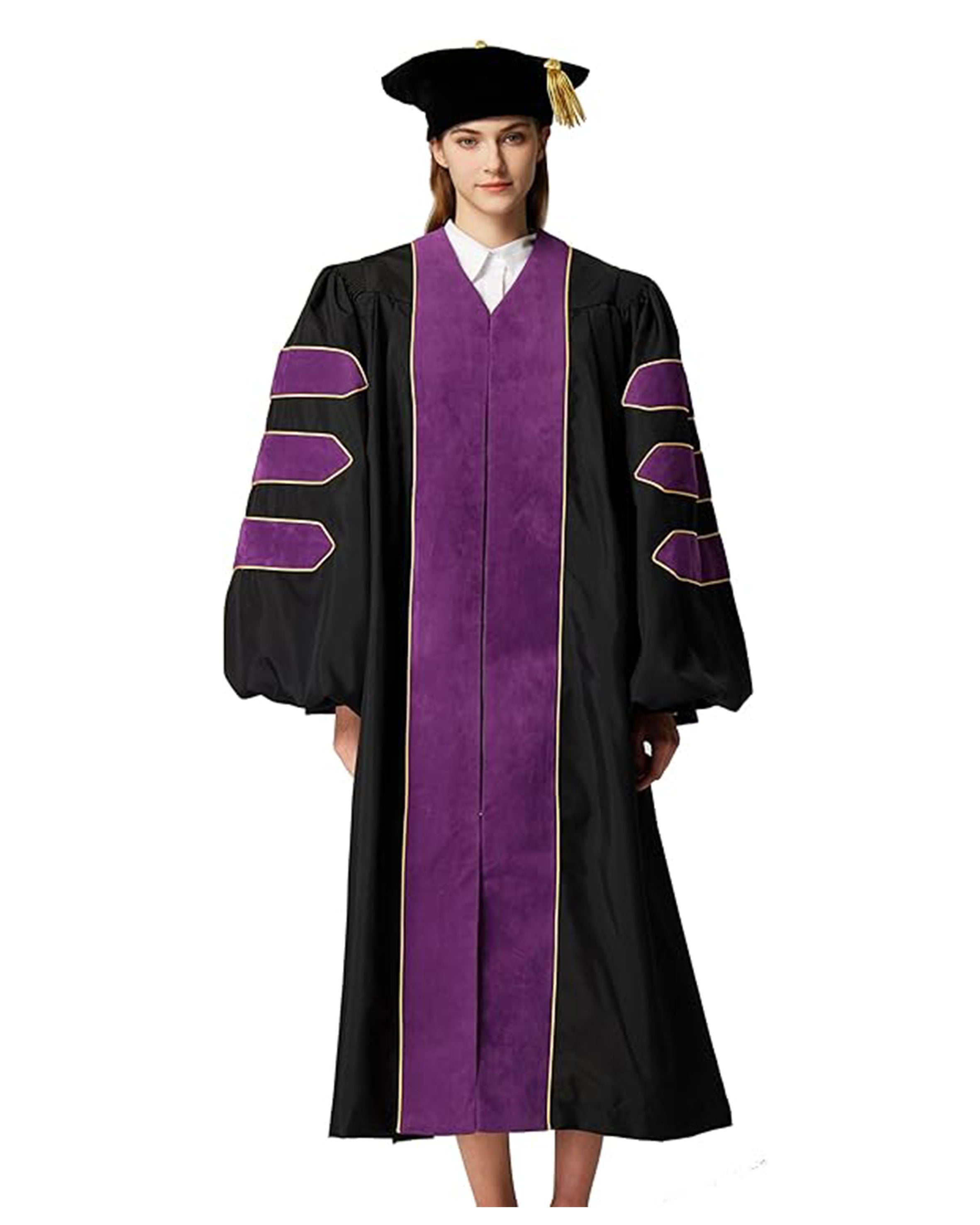 Deluxe Doctoral Graduation Gown with Gold Piping and Doctoral Tam Package (Purple Velvet)
