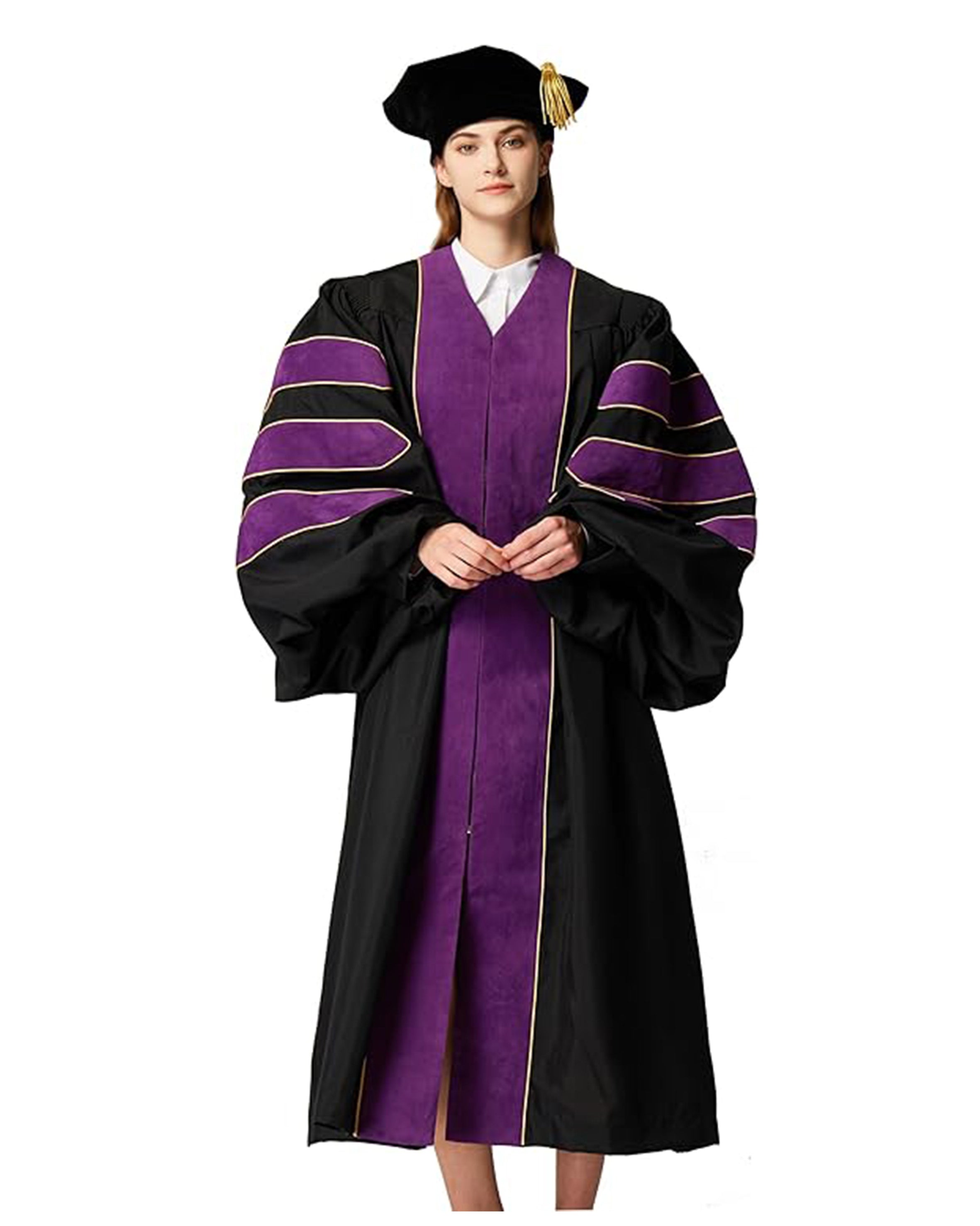Deluxe Doctoral Graduation Gown with Gold Piping and Doctoral Tam Package (Purple Velvet)