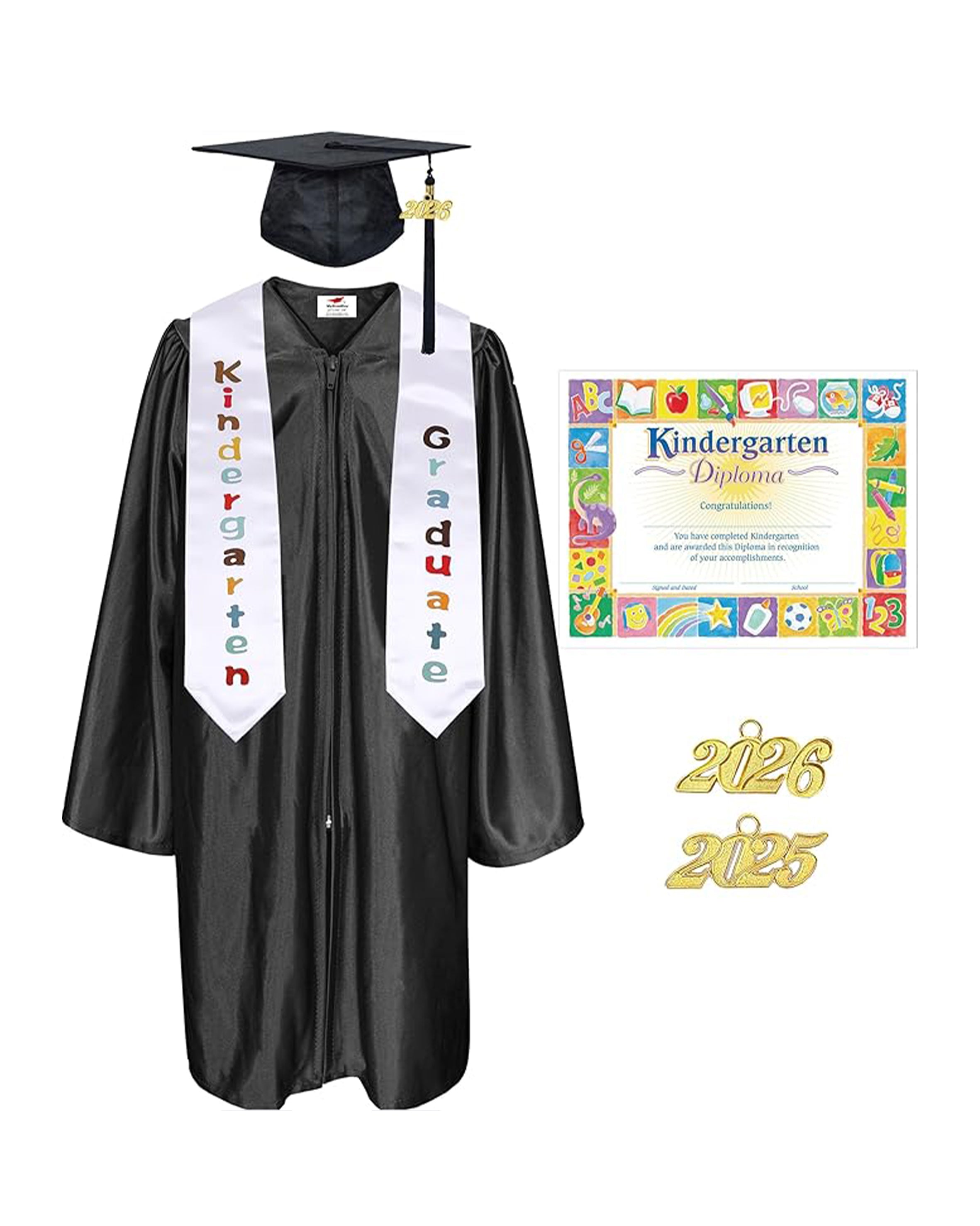 MyGradDay Kindergarten Graduation Cap Gown Stole Package with 2026 Tassel, Certificate