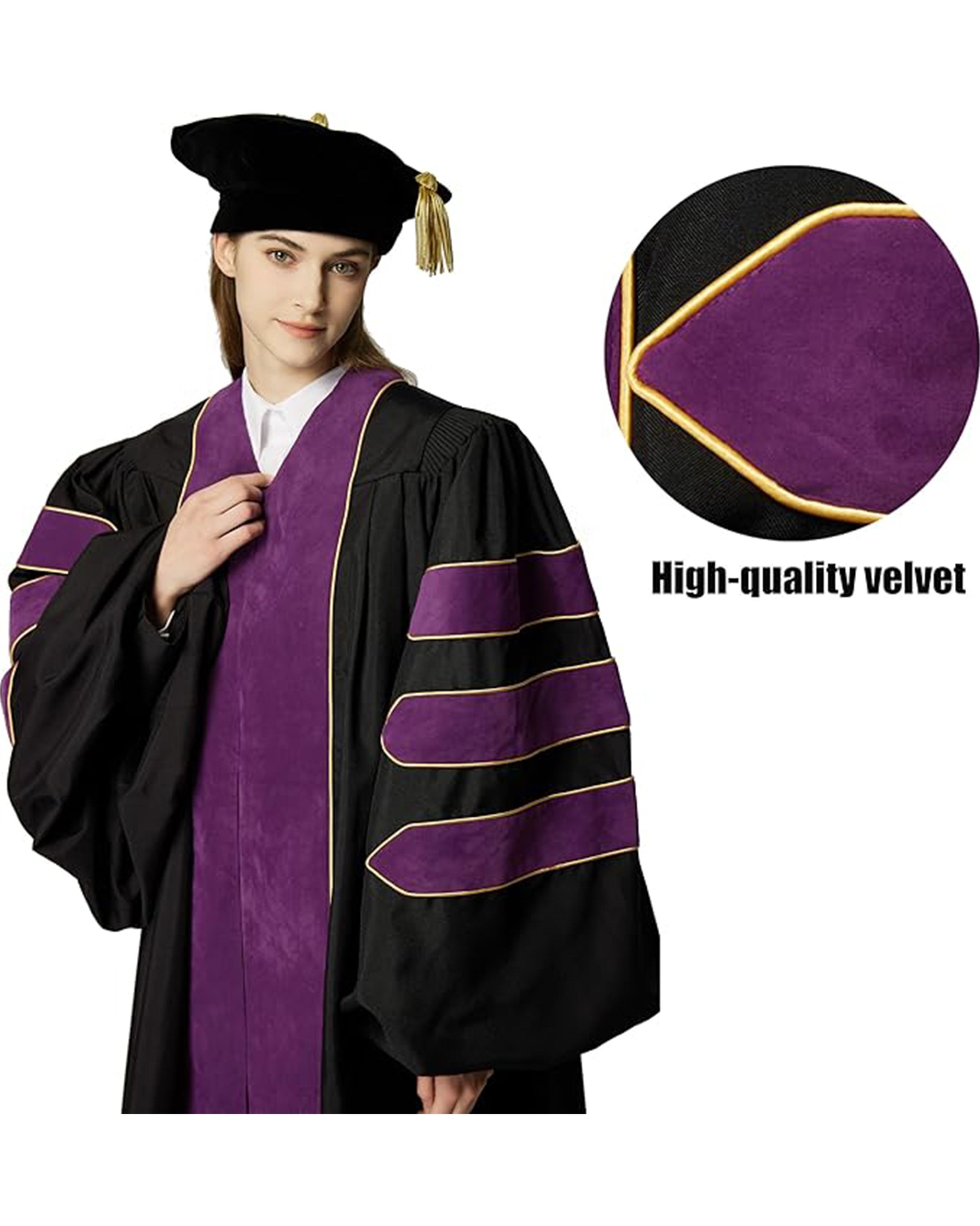 Deluxe Doctoral Graduation Gown with Gold Piping and Doctoral Tam Package (Purple Velvet)