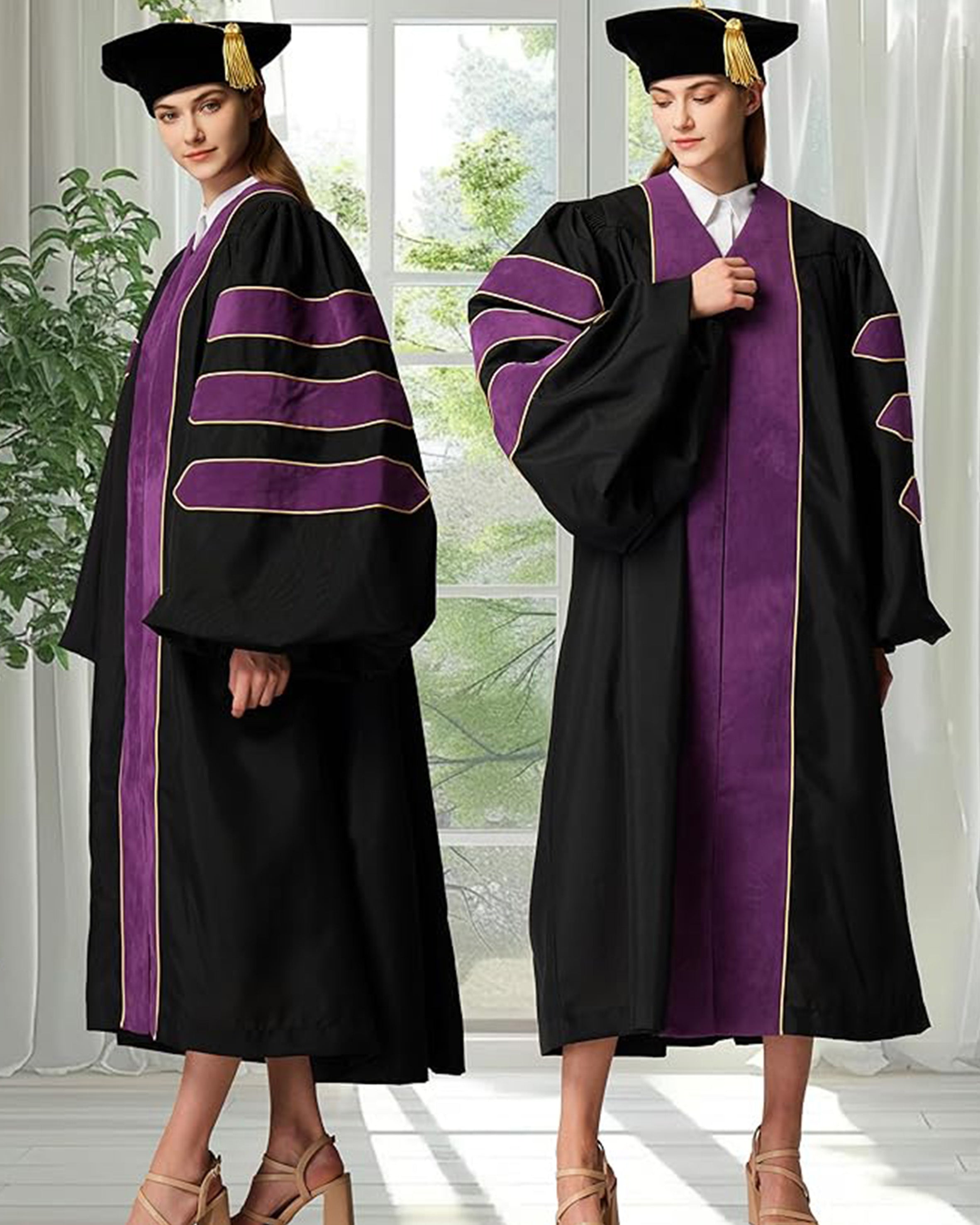 Deluxe Doctoral Graduation Gown with Gold Piping and Doctoral Tam Package (Purple Velvet)