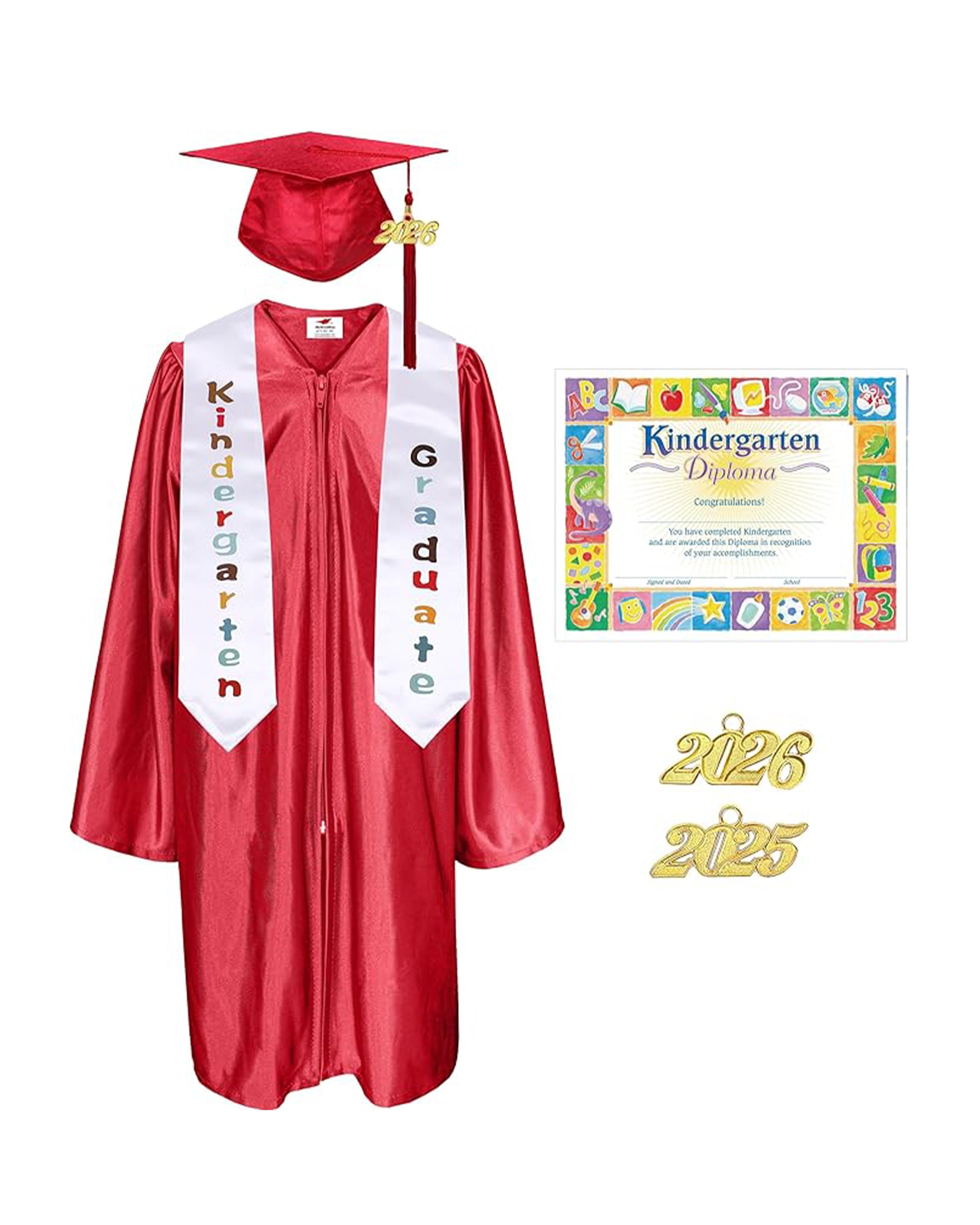 MyGradDay Kindergarten Graduation Cap Gown Stole Package with 2026 Tassel, Certificate