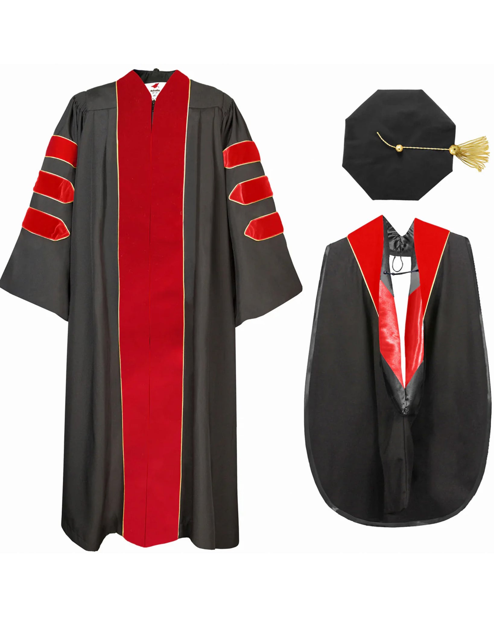 Deluxe Doctoral Graduation Gown with Gold Piping Plus Doctoral Tam and Doctoral Hood  Package