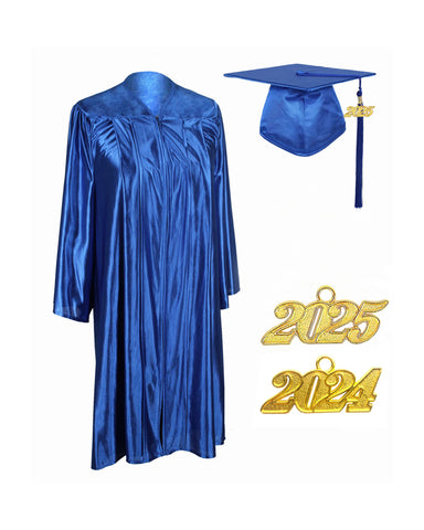 Unisex  Shiny Graduation Cap & Gown with Tassel 2025 Year Charm Rich Color（Royal Blue）