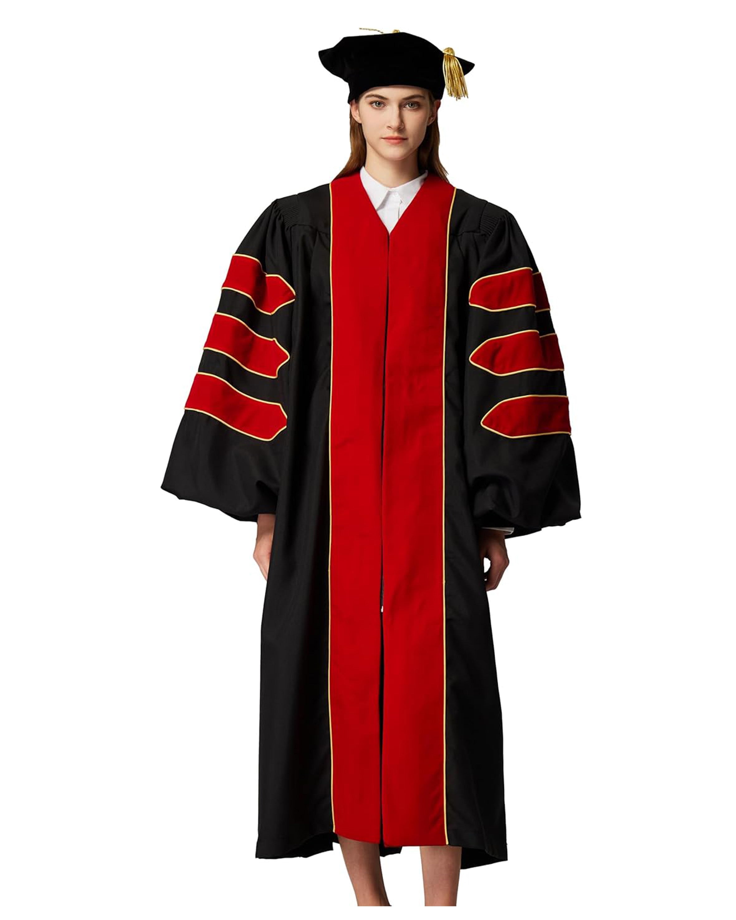 Deluxe Doctoral Graduation Gown with Gold Piping and Doctoral Tam Package (Red Velvet)