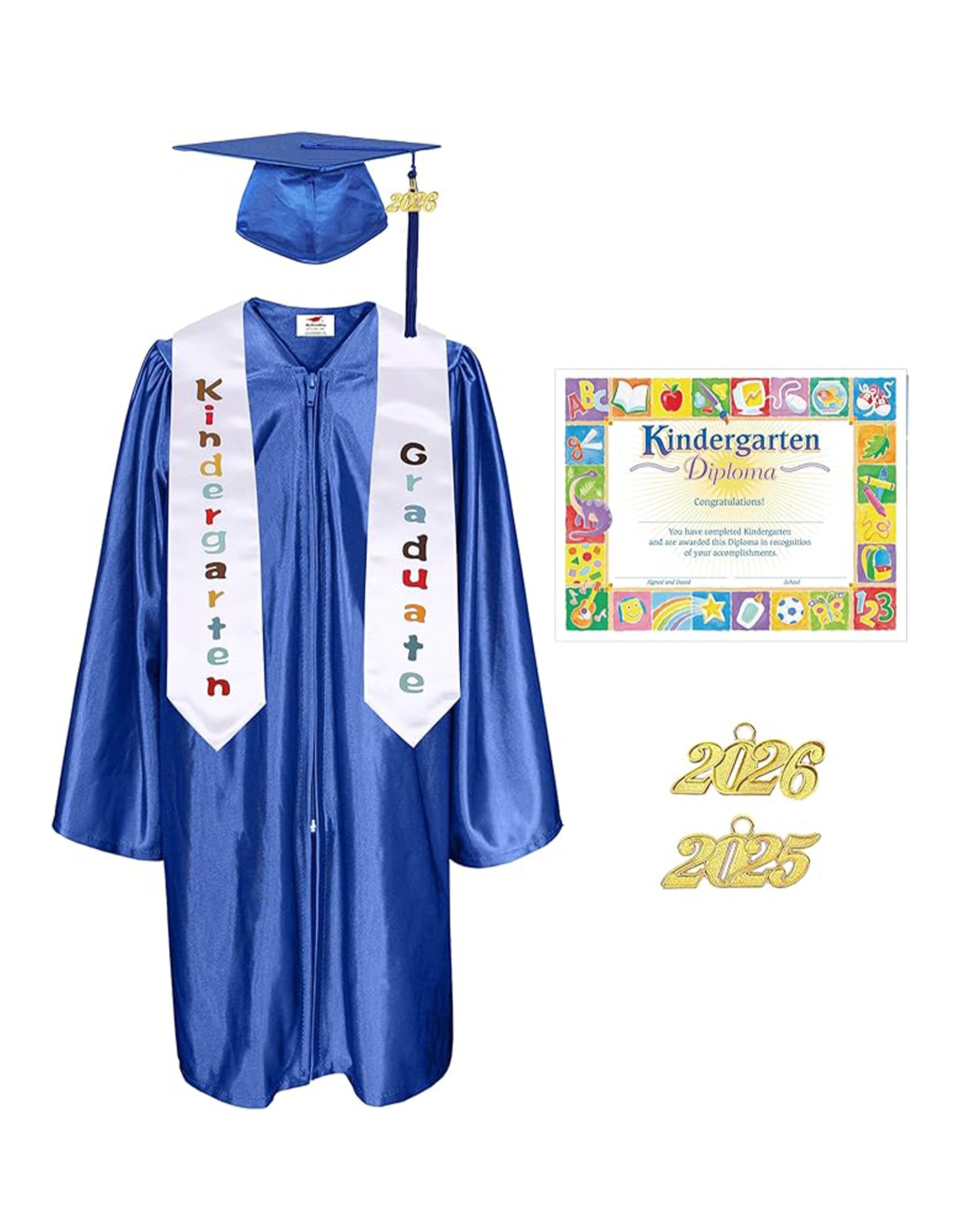 MyGradDay Kindergarten Graduation Cap Gown Stole Package with 2026 Tassel, Certificate