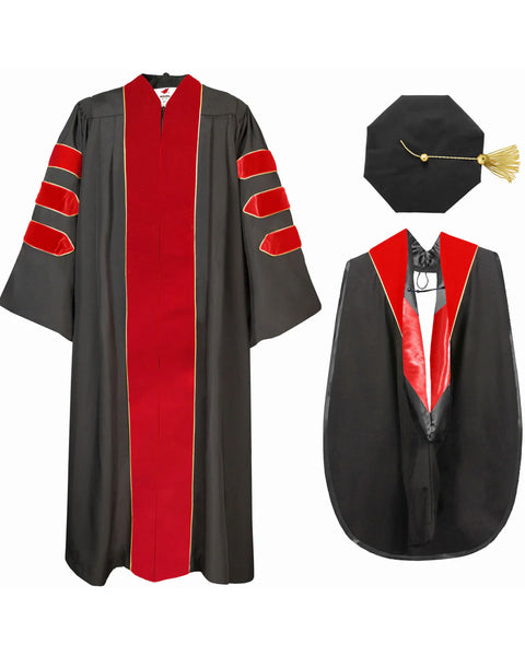 Deluxe Doctoral Graduation Gown with Gold Piping Plus Doctoral Tam and Doctoral Hood  Package