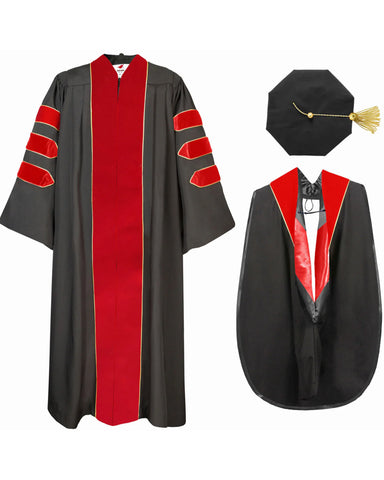 Deluxe Doctoral Graduation Gown with Gold Piping Plus Doctoral Tam and Doctoral Hood  Package