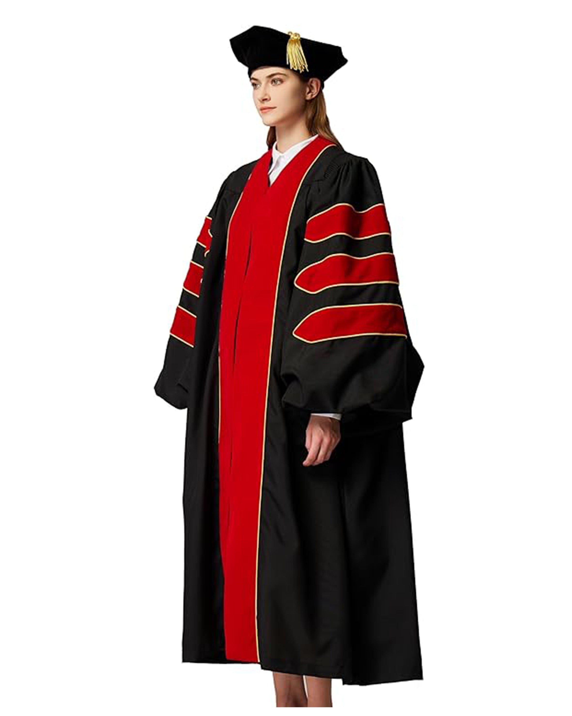 Deluxe Doctoral Graduation Gown with Gold Piping and Doctoral Tam Package (Red Velvet)