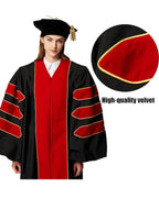 Deluxe Doctoral Graduation Gown with Gold Piping and Doctoral Tam Package (Red Velvet)