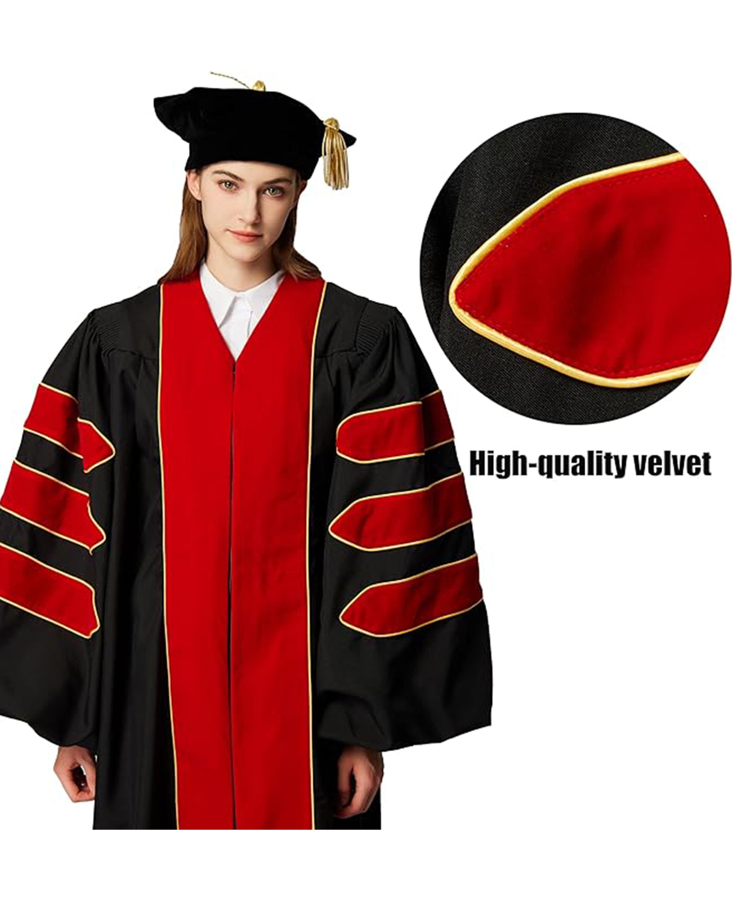 Deluxe Doctoral Graduation Gown with Gold Piping and Doctoral Tam Package (Red Velvet)