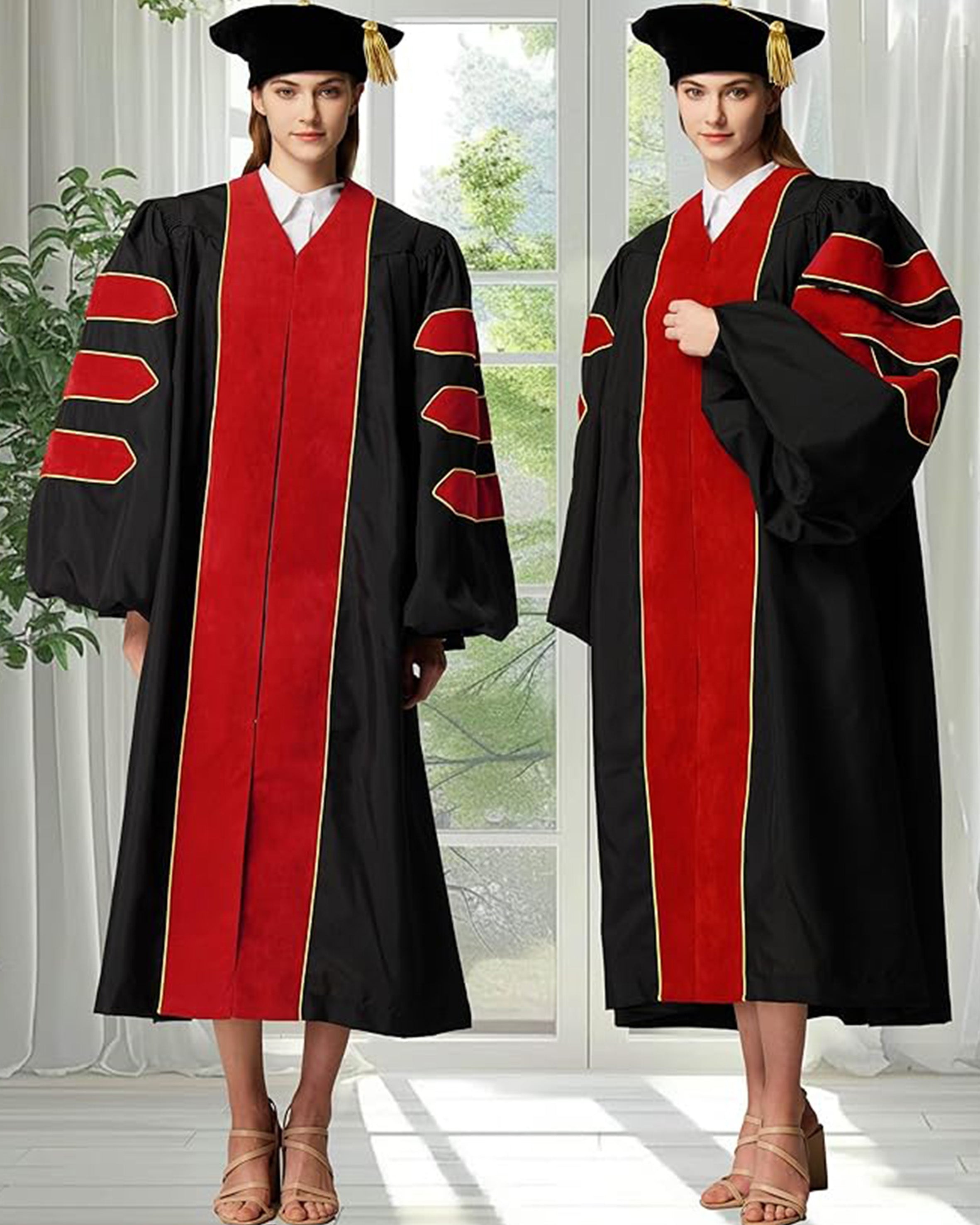 Deluxe Doctoral Graduation Gown with Gold Piping and Doctoral Tam Package (Red Velvet)
