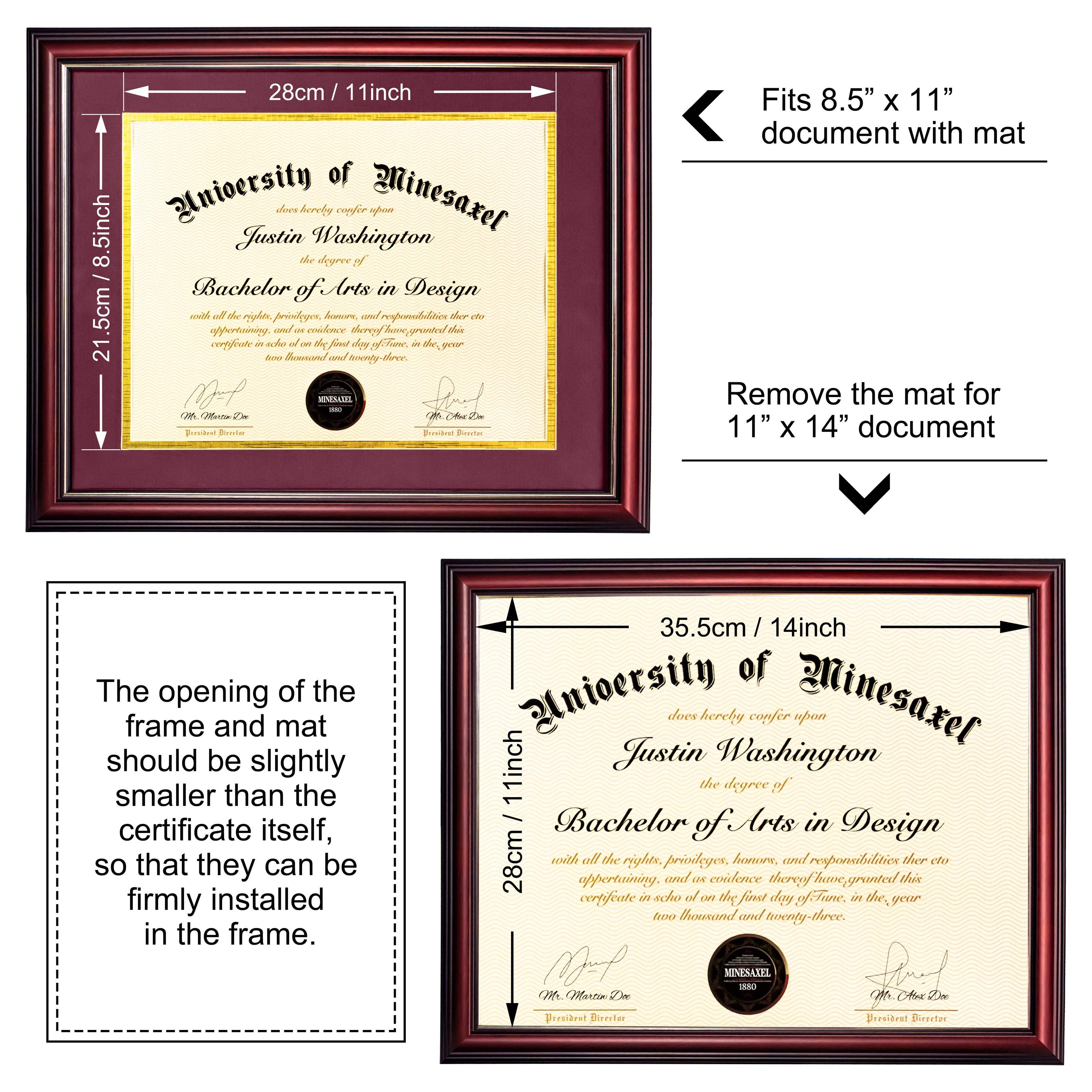 MyGradDay 8.5x11 Diploma Frame with Maroon over Gold Mat or Display 11x14 Document without Mat,Solid Wood & UV Protection Acrylic,Mahogany Degree Certificate Frame