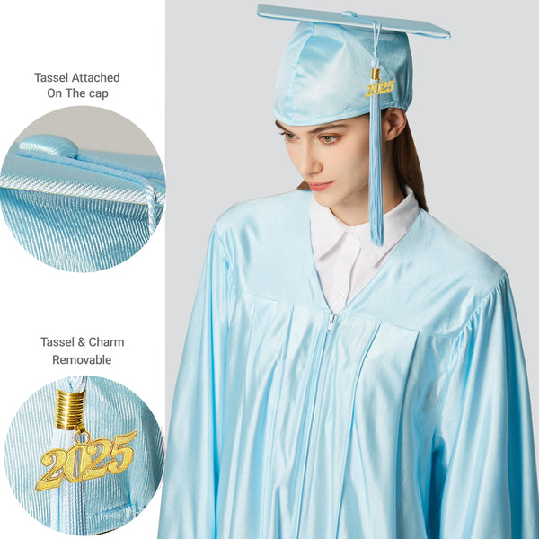 Unisex  Shiny Graduation Cap & Gown with Tassel 2025 Year Charm Rich Color