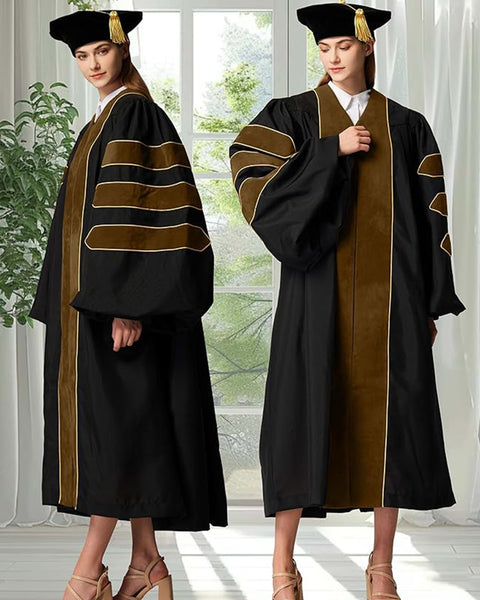 Deluxe Doctoral Graduation Gown with Gold Piping and Doctoral Tam Package (Brown Velvet)