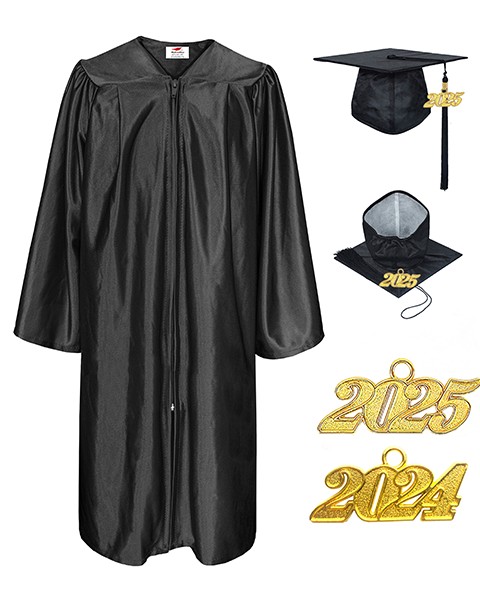 Unisex  Shiny Graduation Cap & Gown with Tassel 2025 Year Charm Rich Color