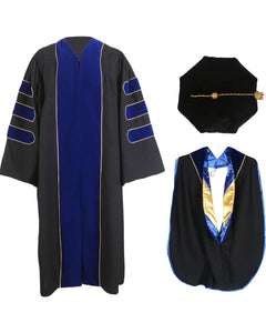 Deluxe Doctoral Graduation Gown with Gold Piping Plus Doctoral Tam and Doctoral Hood  Package