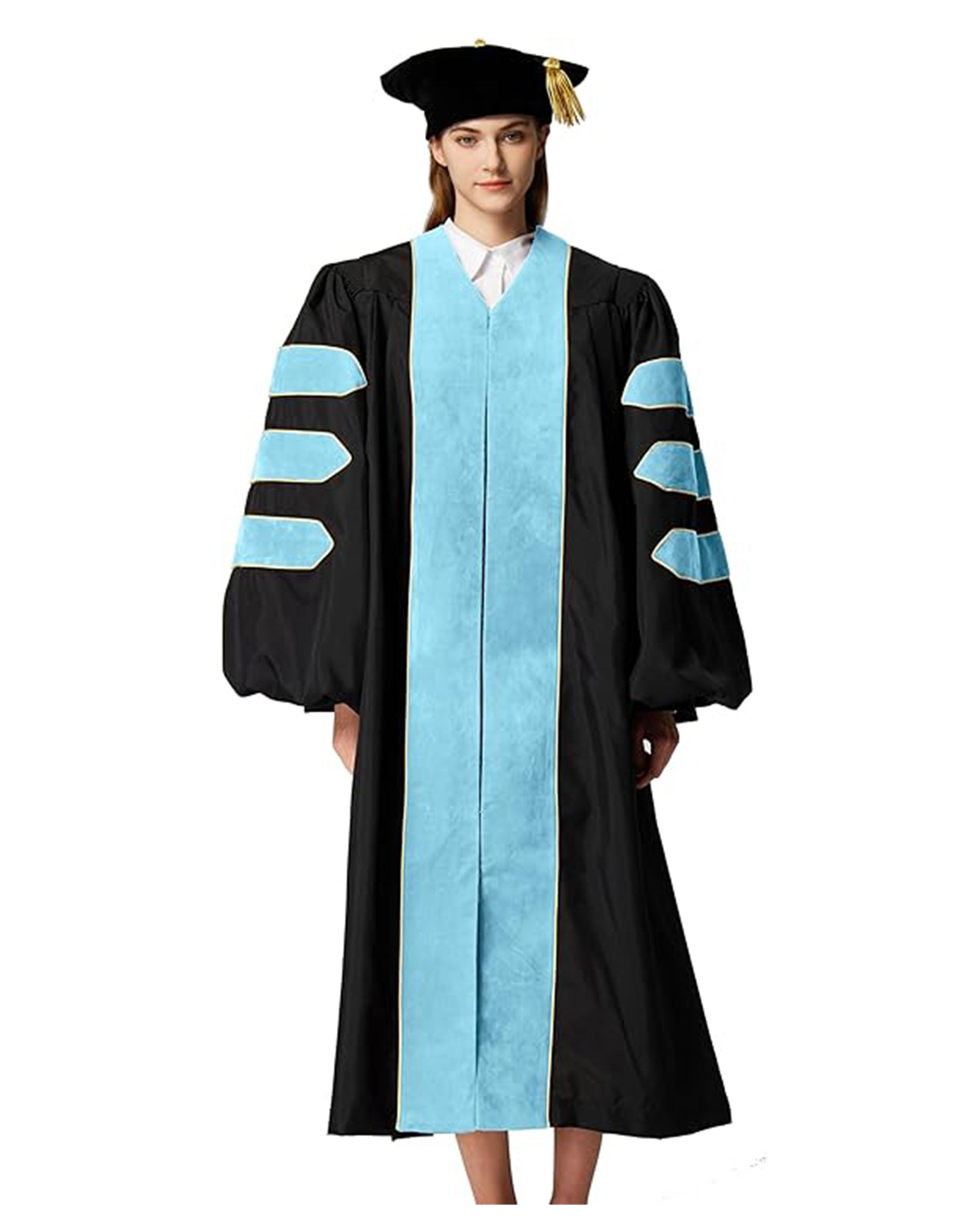 Deluxe Doctoral Graduation Gown with Gold Piping and Doctoral Tam Package (Sky Blue Velvet)