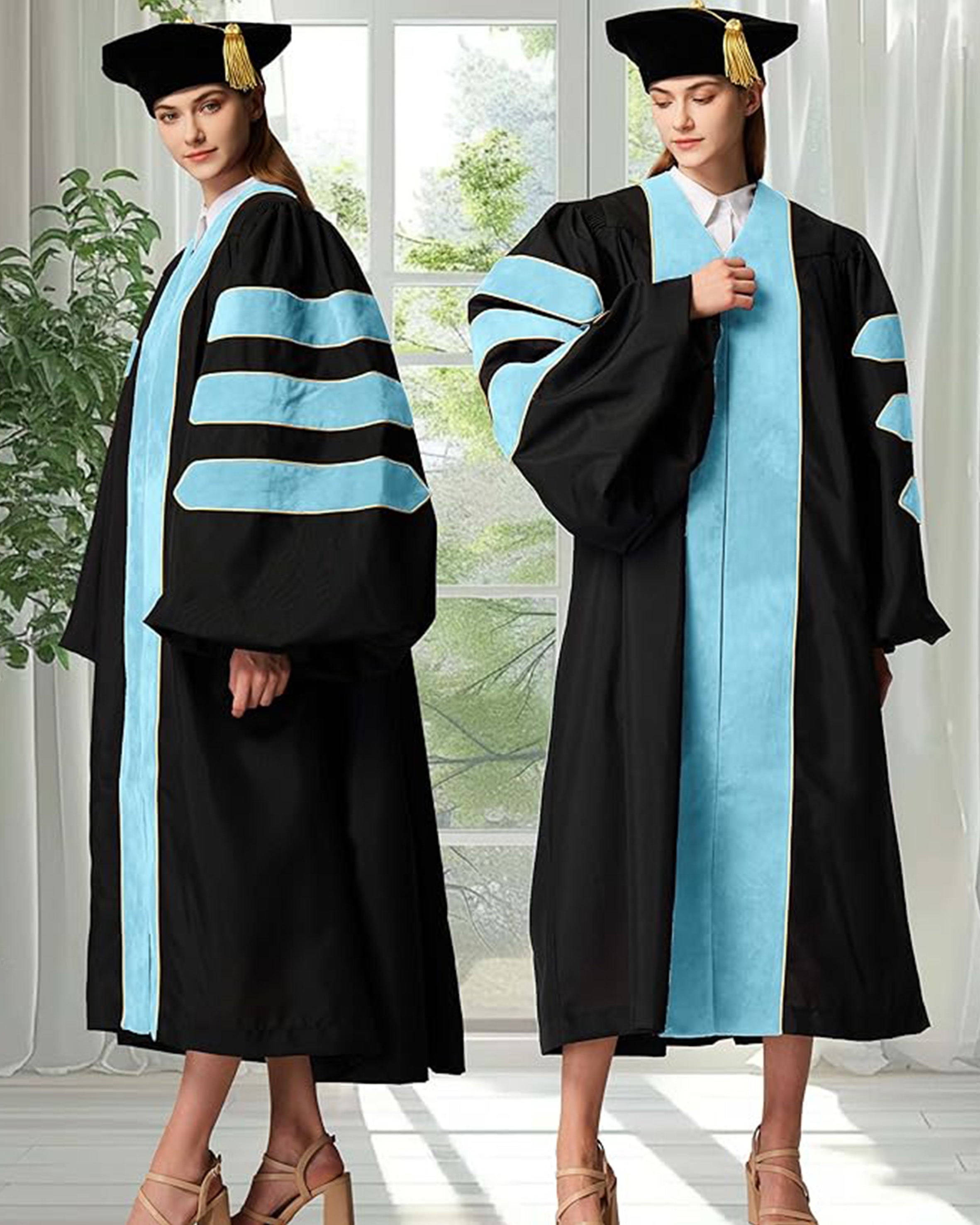 Deluxe Doctoral Graduation Gown with Gold Piping and Doctoral Tam Package (Sky Blue Velvet)
