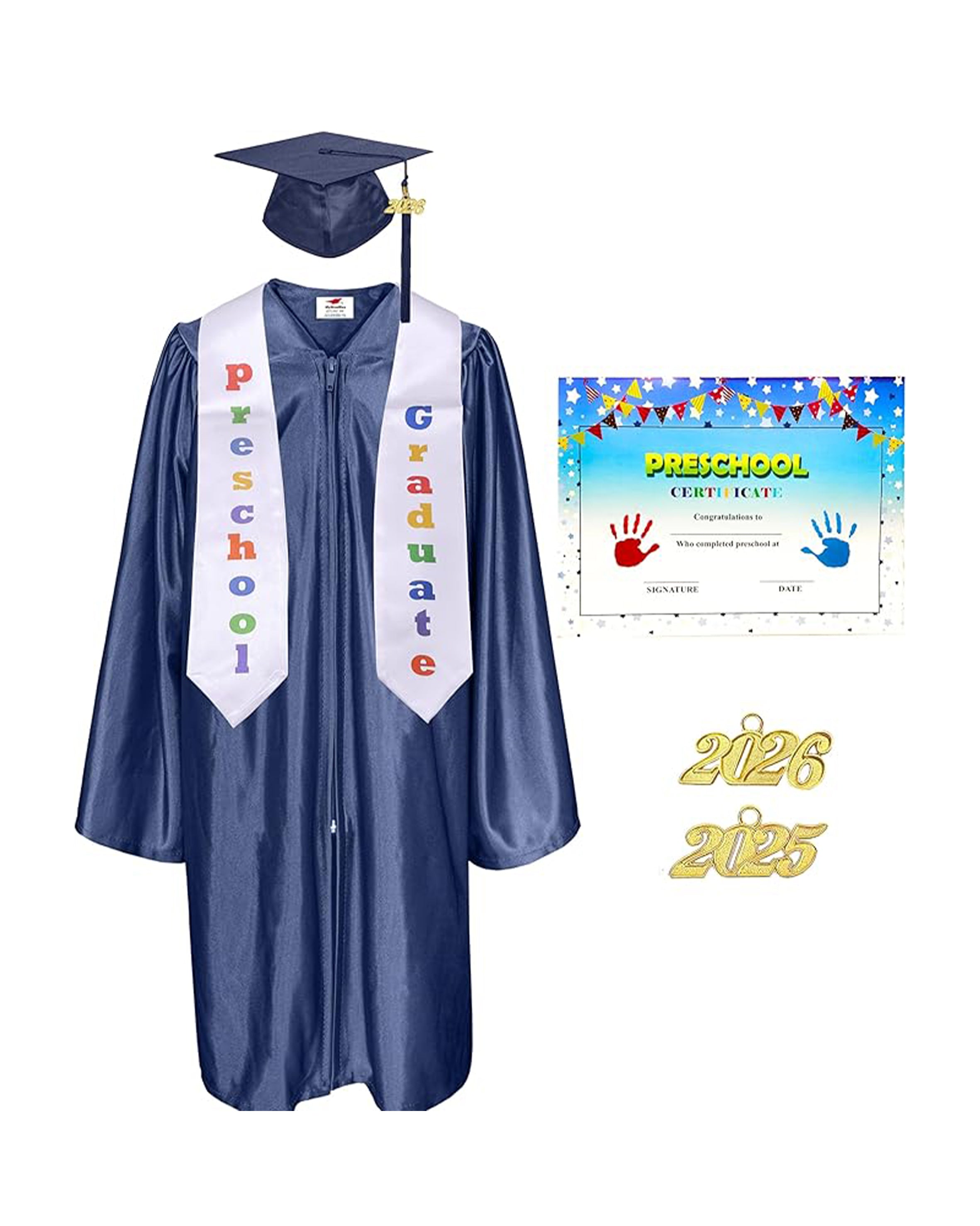MyGradDay Preschool Graduation Cap Gown Stole Package with 2026 Tassel, Certificate