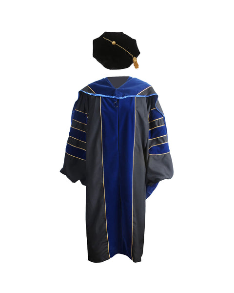Deluxe Doctoral Graduation Gown with Gold Piping Plus Doctoral Tam and Doctoral Hood  Package