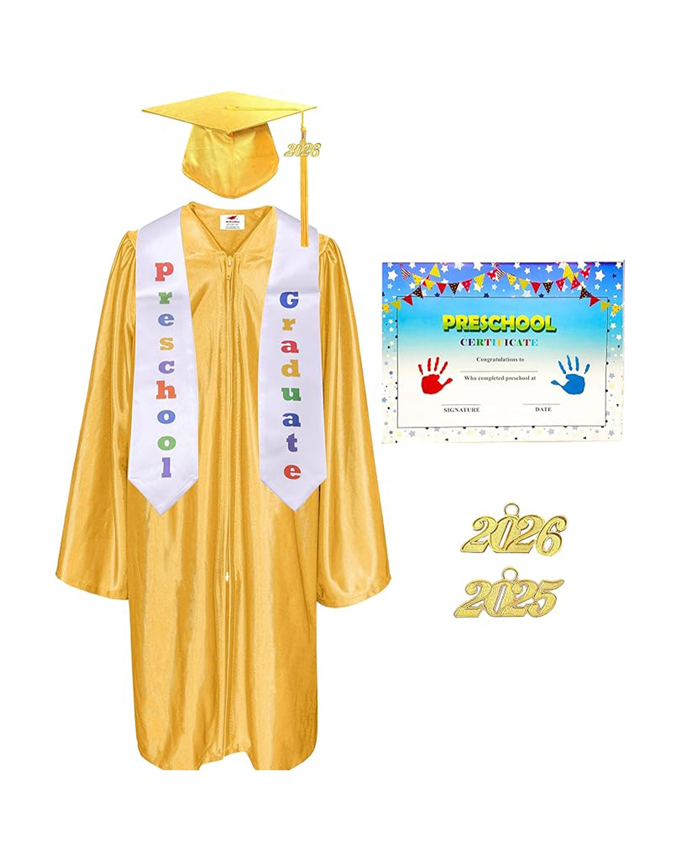 MyGradDay Preschool Graduation Cap Gown Stole Package with 2026 Tassel, Certificate