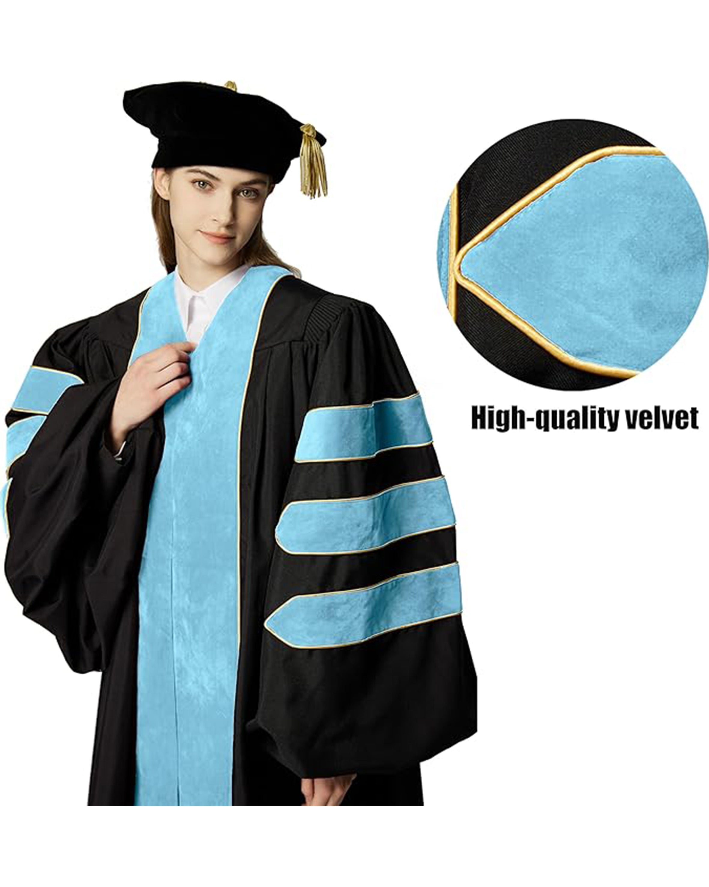 Deluxe Doctoral Graduation Gown with Gold Piping and Doctoral Tam Package (Sky Blue Velvet)