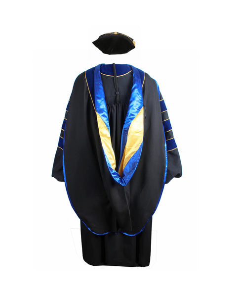 Deluxe Doctoral Graduation Gown with Gold Piping Plus Doctoral Tam and Doctoral Hood  Package