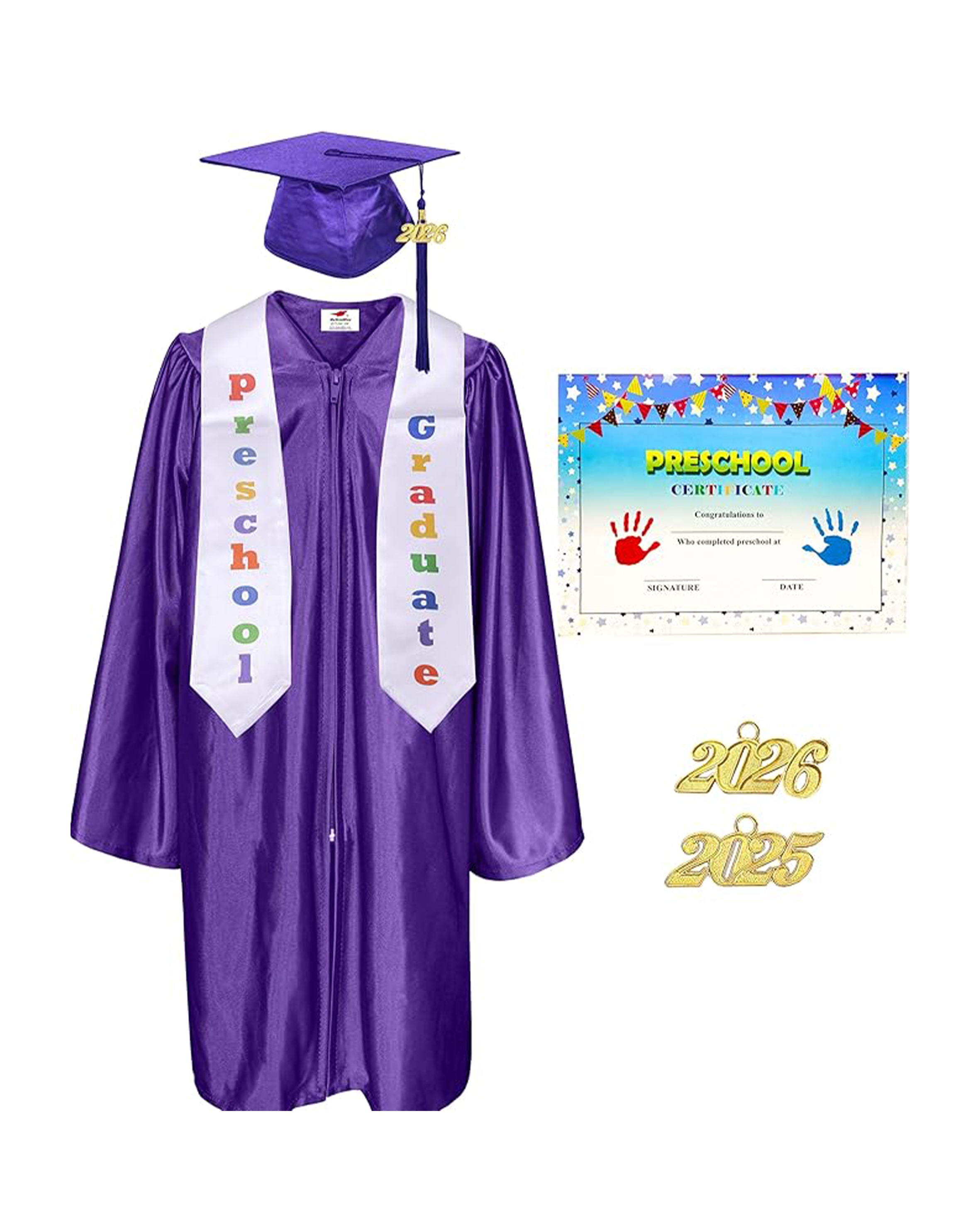 MyGradDay Preschool Graduation Cap Gown Stole Package with 2026 Tassel, Certificate