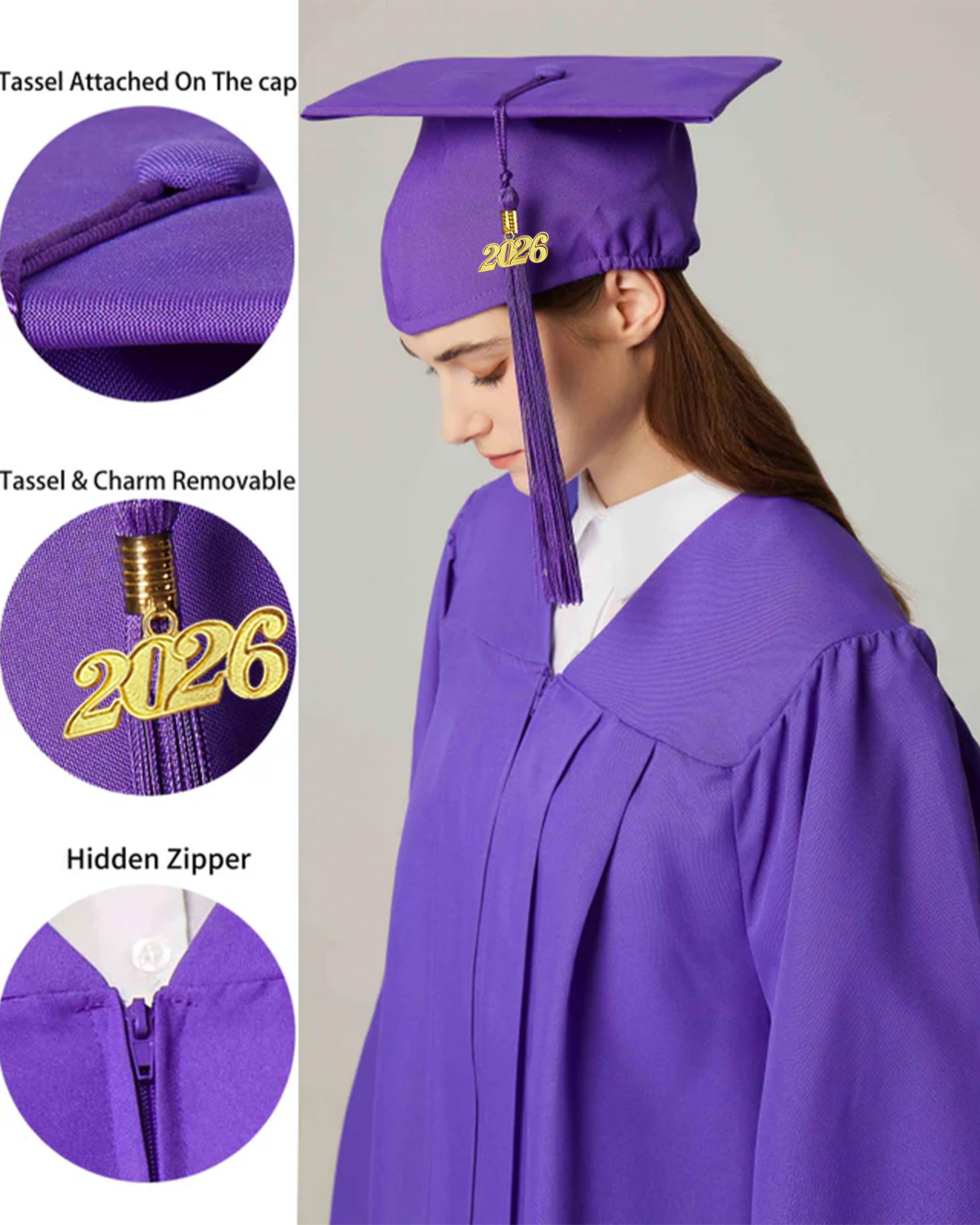 Unisex Matte Graduation Cap & Gown with Tassel 2026 Year Charm ( Rich Color )