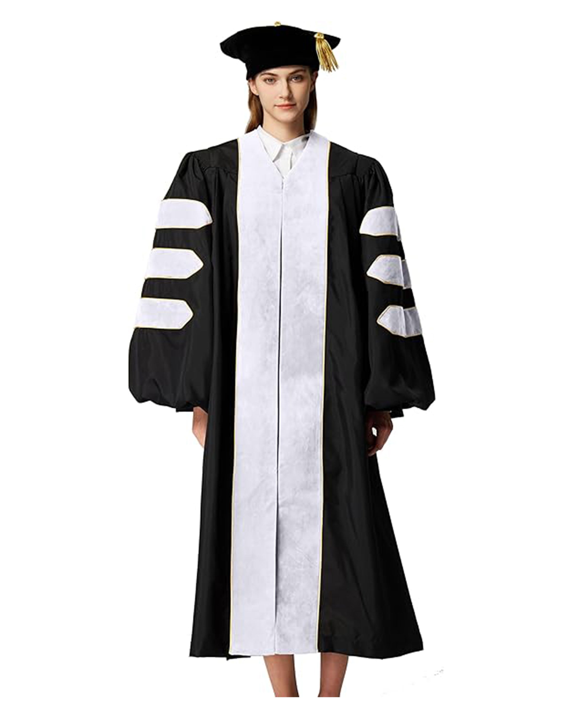 Deluxe Doctoral Graduation Gown with Gold Piping and Doctoral Tam Package (White Velvet)