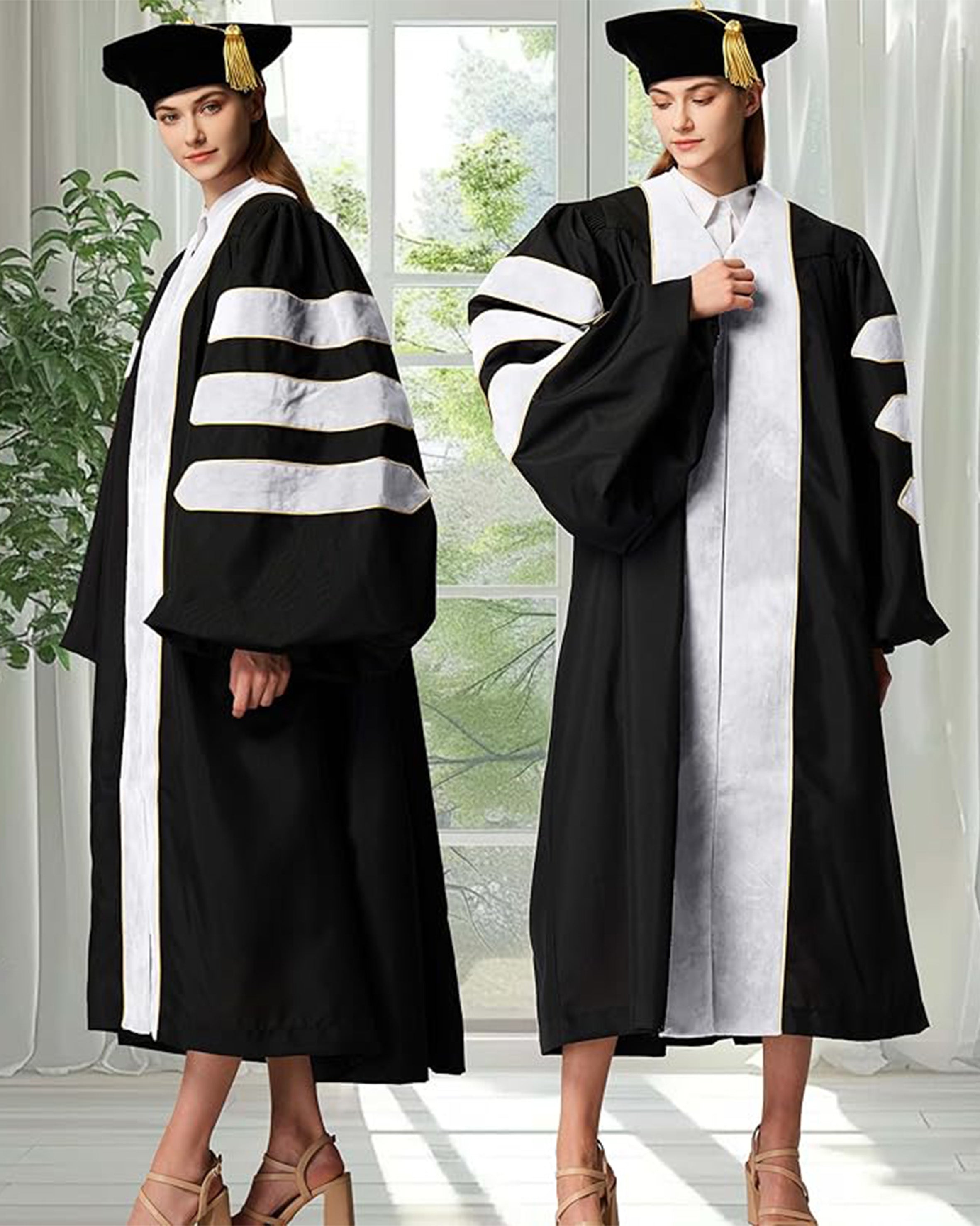 Deluxe Doctoral Graduation Gown with Gold Piping and Doctoral Tam Package (White Velvet)