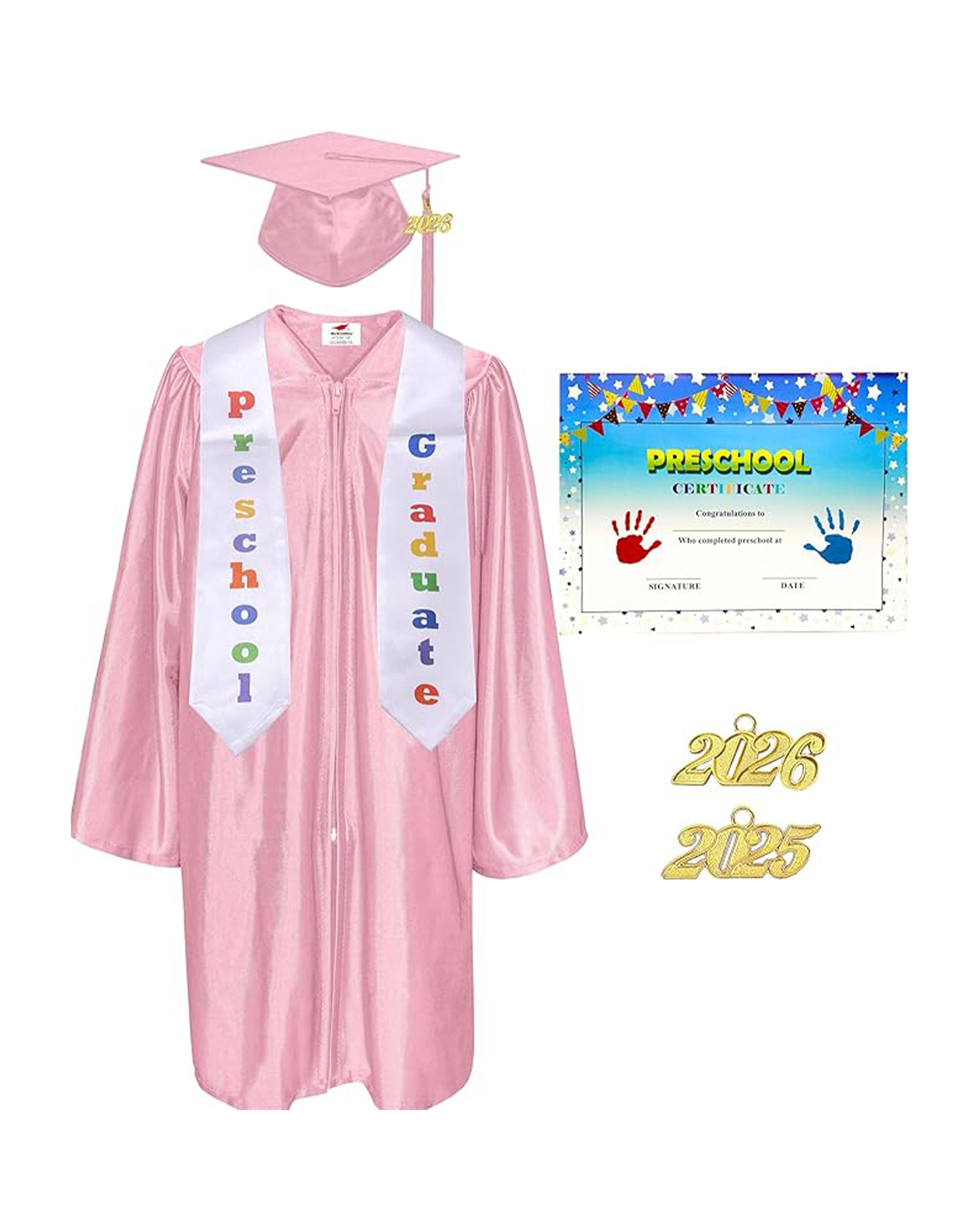 MyGradDay Preschool Graduation Cap Gown Stole Package with 2026 Tassel, Certificate