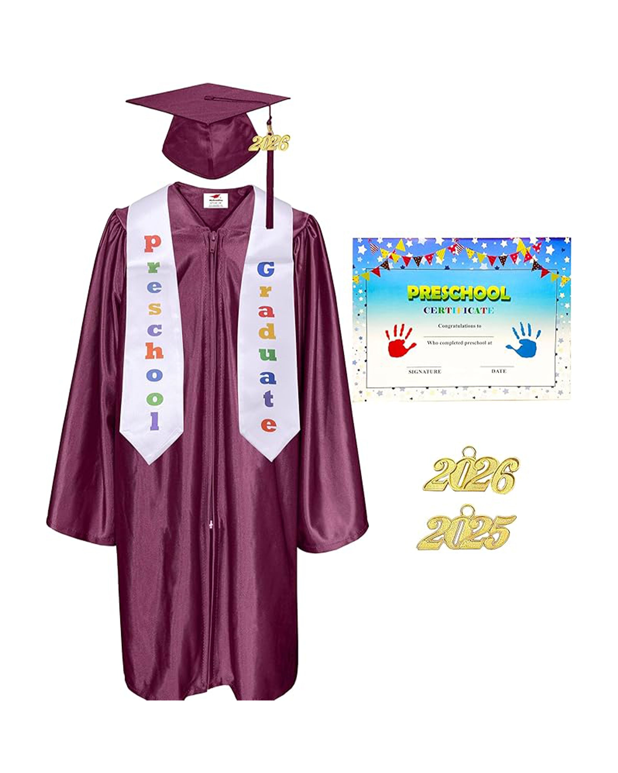 MyGradDay Preschool Graduation Cap Gown Stole Package with 2026 Tassel, Certificate