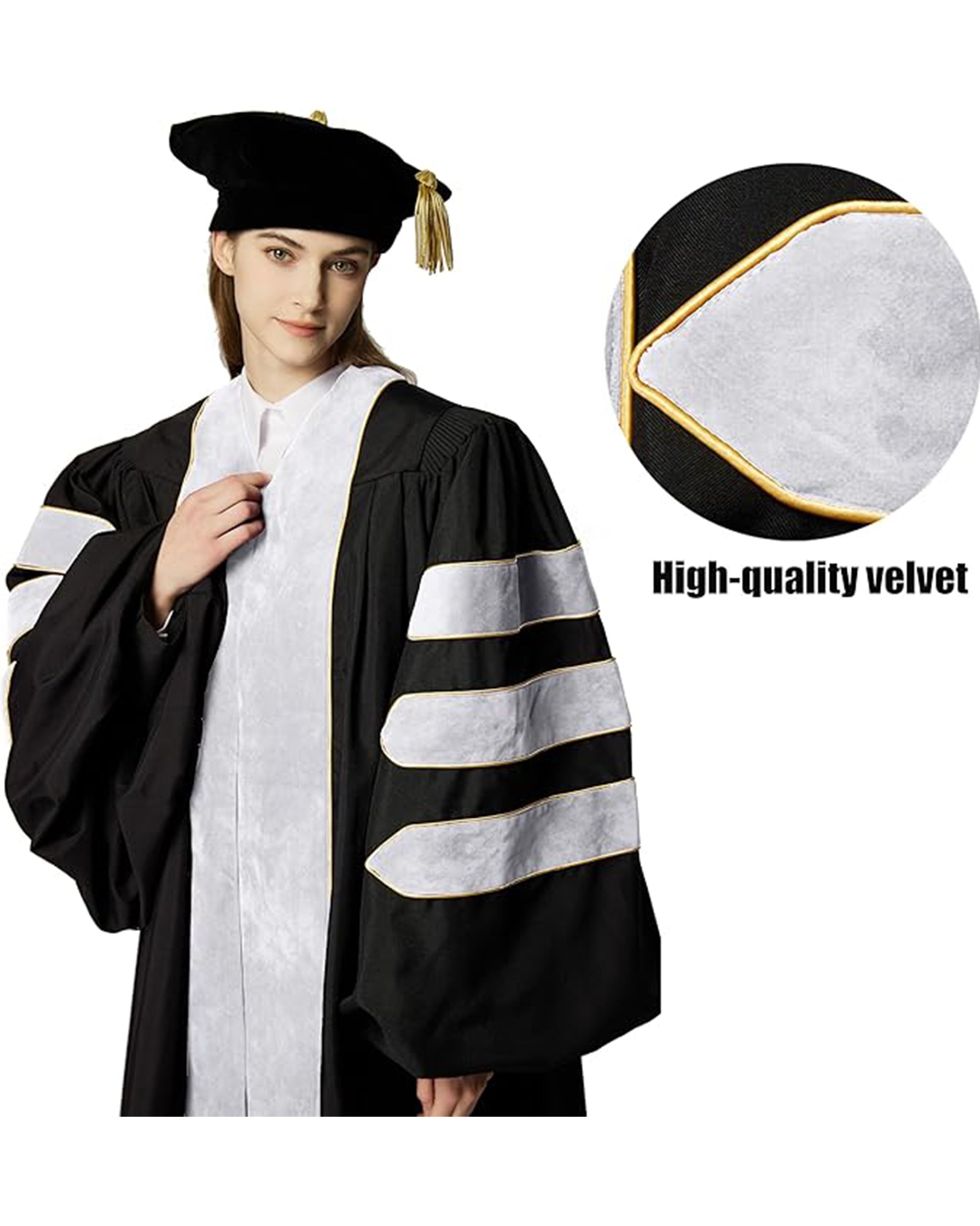 Deluxe Doctoral Graduation Gown with Gold Piping and Doctoral Tam Package (White Velvet)