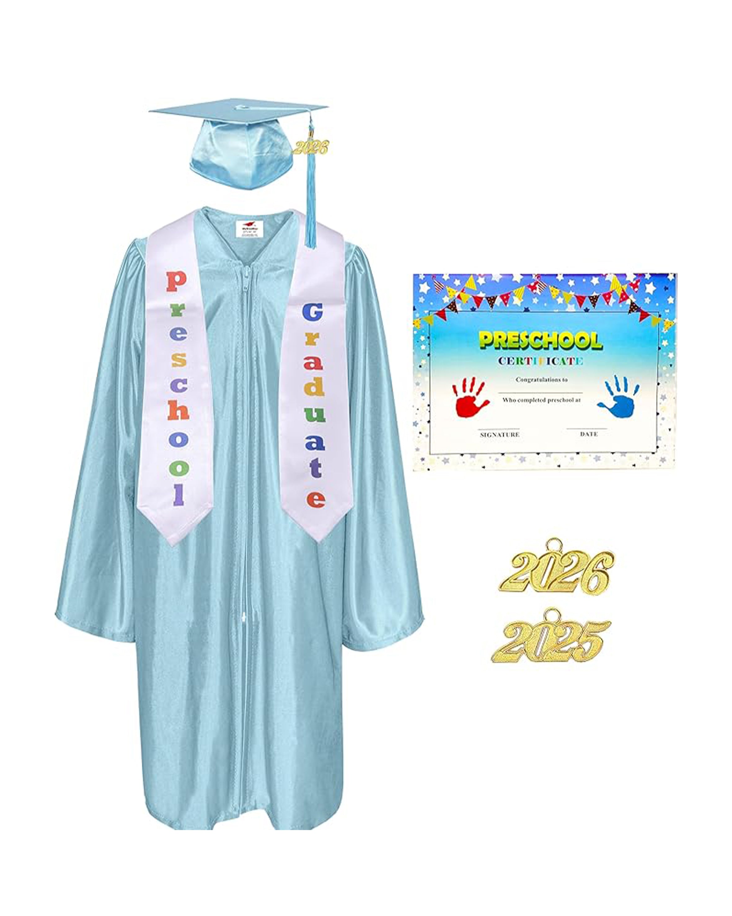 MyGradDay Preschool Graduation Cap Gown Stole Package with 2026 Tassel, Certificate