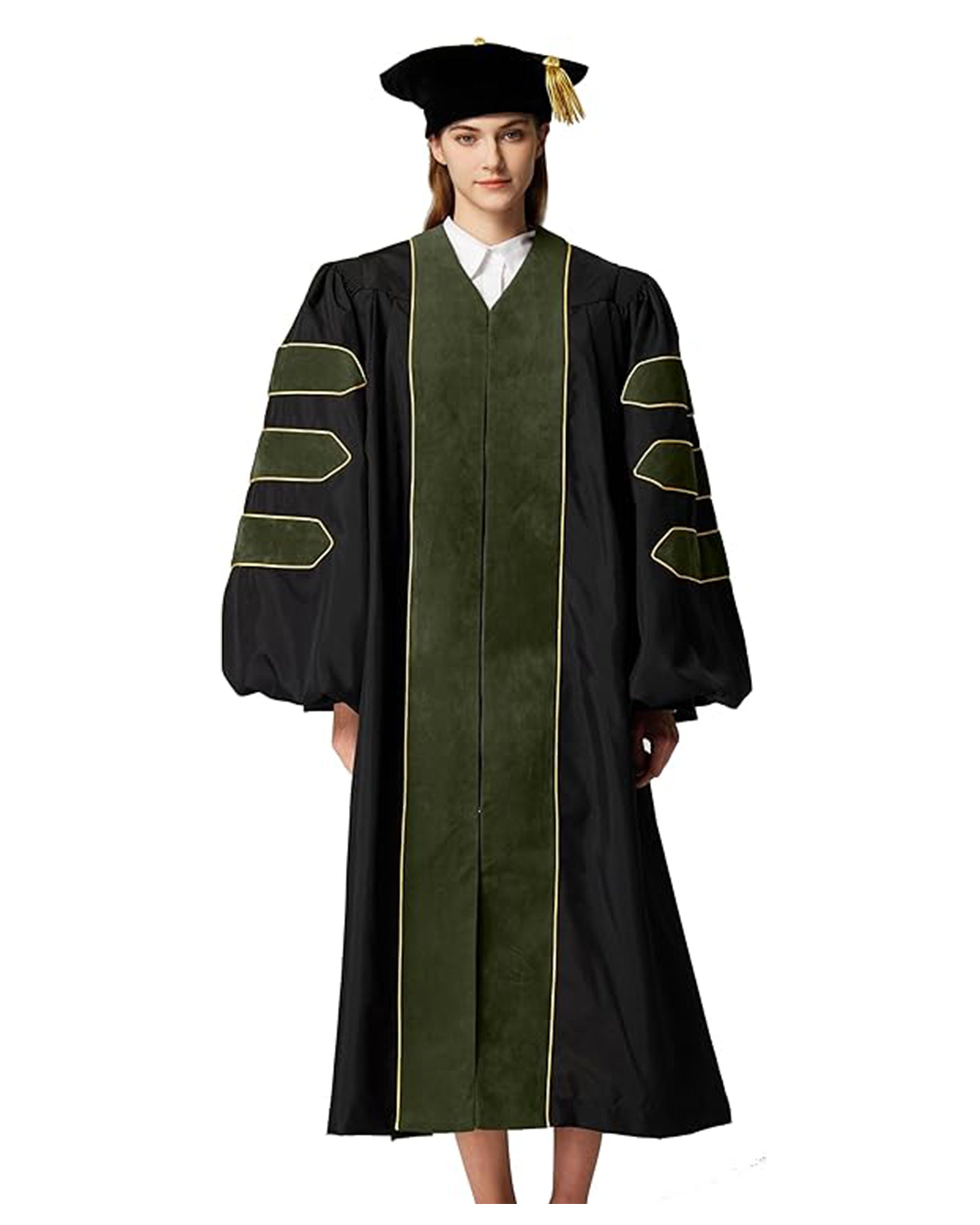 Deluxe Doctoral Graduation Gown with Gold Piping and Doctoral Tam Package (Forest Green Velvet)