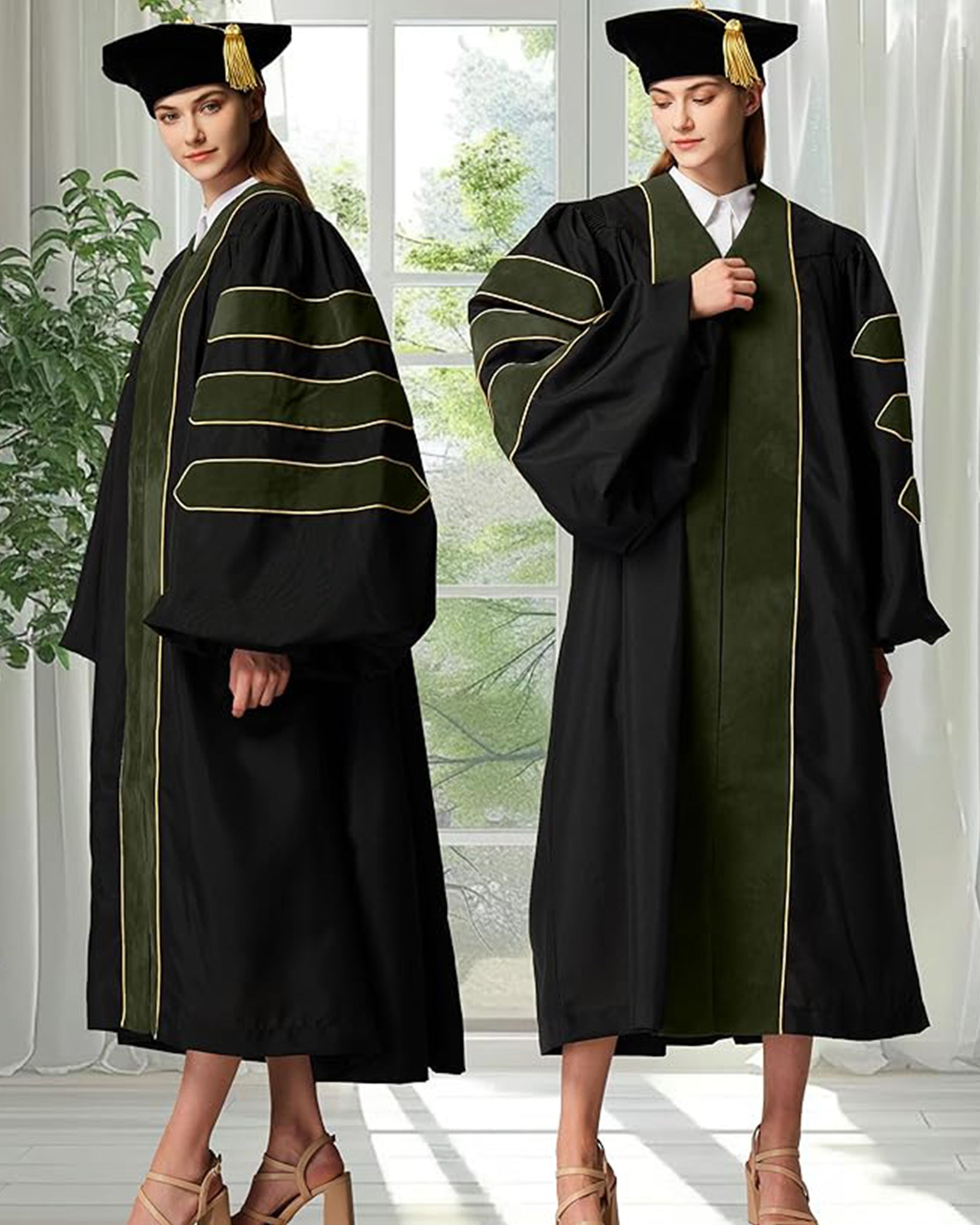 Deluxe Doctoral Graduation Gown with Gold Piping and Doctoral Tam Package (Forest Green Velvet)