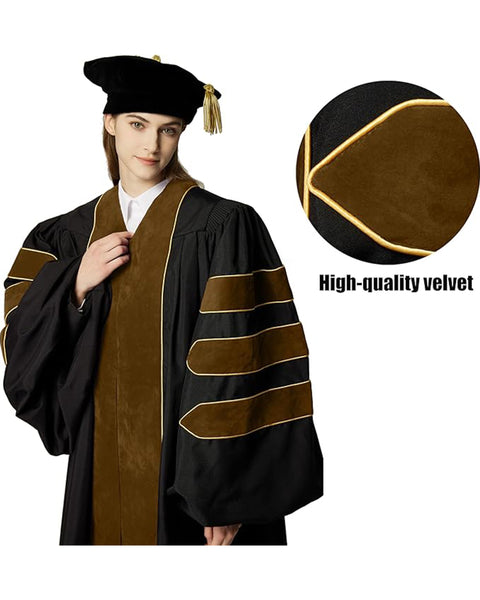 Deluxe Doctoral Graduation Gown with Gold Piping and Doctoral Tam Package (Brown Velvet)