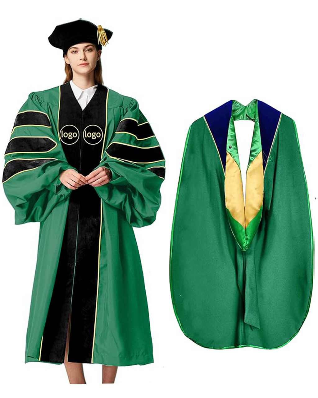 Customized Doctoral Graduation Gown Black-8S Tam & Emerald Green Hood MyGradDay
