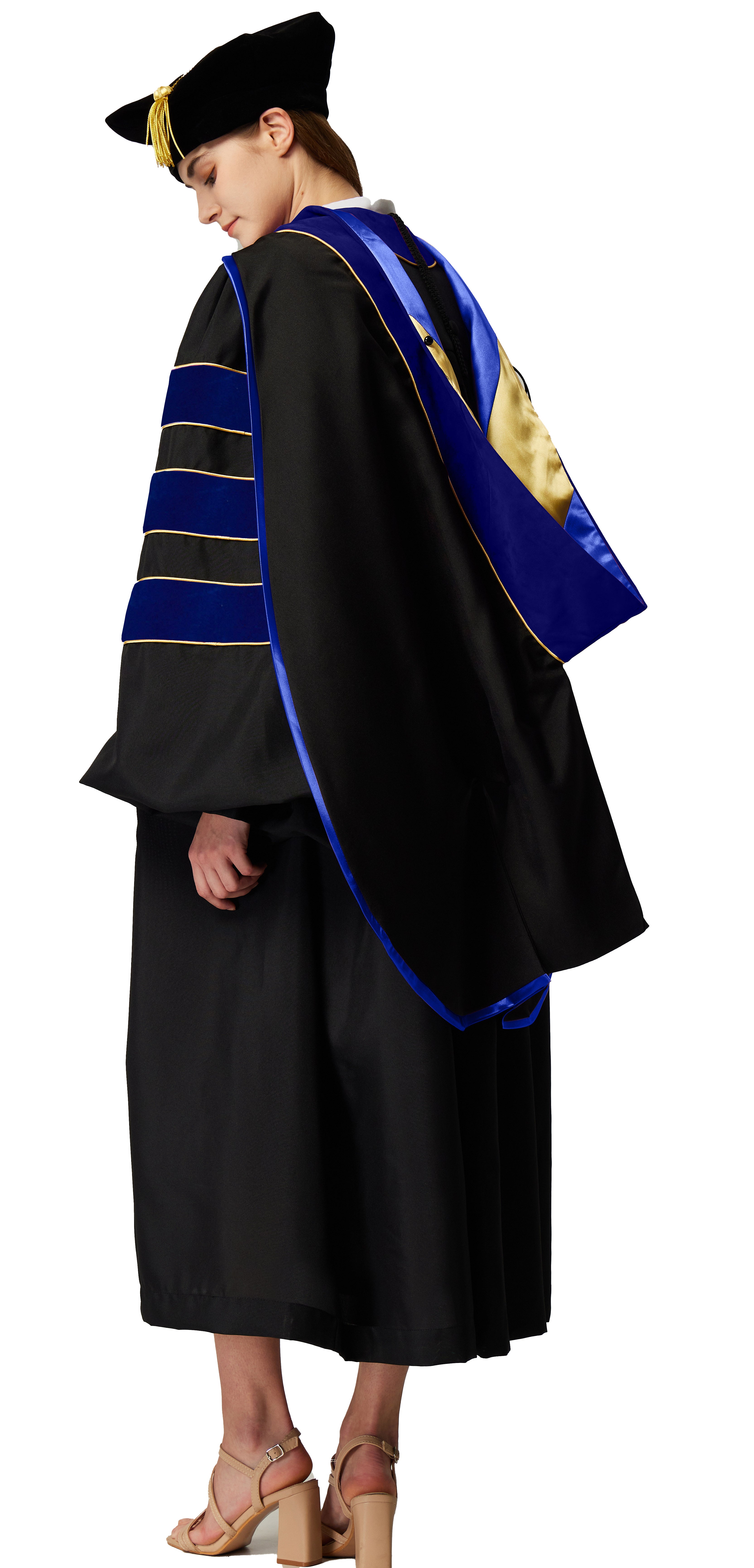 Deluxe Doctoral Graduation Gown with Gold Piping Plus Doctoral Tam and Doctoral Hood  Package