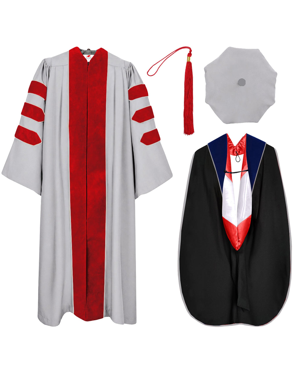MyGradDay Doctoral Graduation Gown and Hood Tam Set PhD Regalia Silver Gray MyGradDay