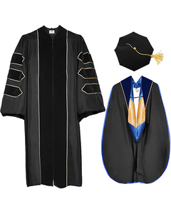 Deluxe Doctoral Graduation Gown with Gold Piping Plus Doctoral Tam and Doctoral Hood  Package
