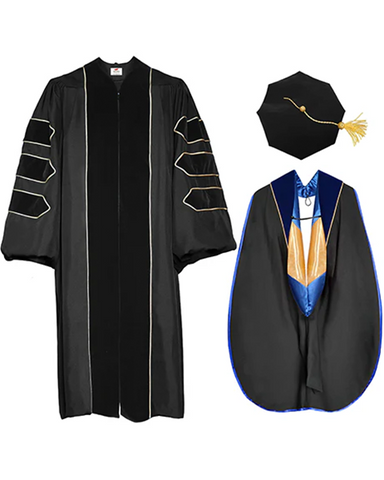 Deluxe Doctoral Graduation Gown with Gold Piping Plus Doctoral Tam and Doctoral Hood  Package