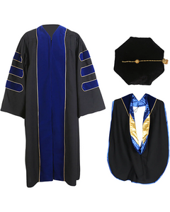 Deluxe Doctoral Graduation Gown with Gold Piping Plus Doctoral Tam and Doctoral Hood  Package