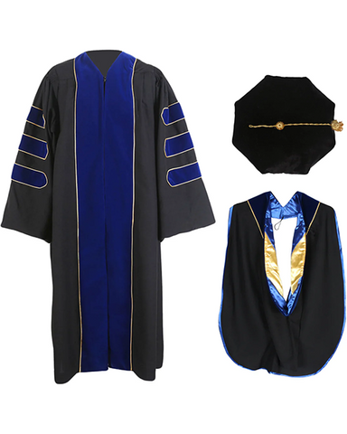 Deluxe Doctoral Graduation Gown with Gold Piping Plus Doctoral Tam and Doctoral Hood  Package