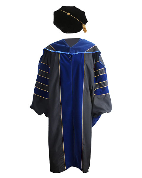 Deluxe Doctoral Graduation Gown with Gold Piping Plus Doctoral Tam and Doctoral Hood  Package