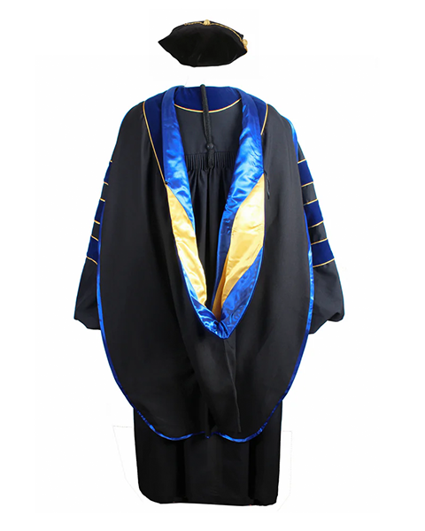Deluxe Doctoral Graduation Gown with Gold Piping Plus Doctoral Tam and Doctoral Hood  Package