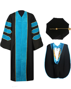 Deluxe Doctoral Graduation Gown with Gold Piping Plus Doctoral Tam and Doctoral Hood  Package