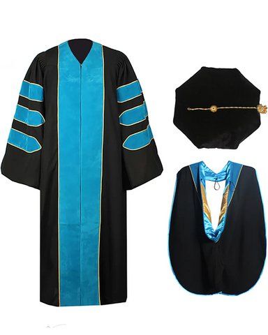Deluxe Doctoral Graduation Gown with Gold Piping Plus Doctoral Tam and Doctoral Hood  Package